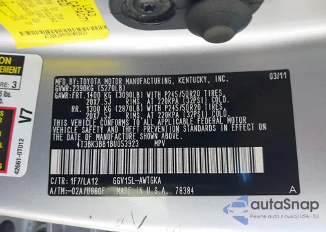 2011 Toyota Venza Base V6 from USA, damaged, VIN 4T3BK3BB1BU053923